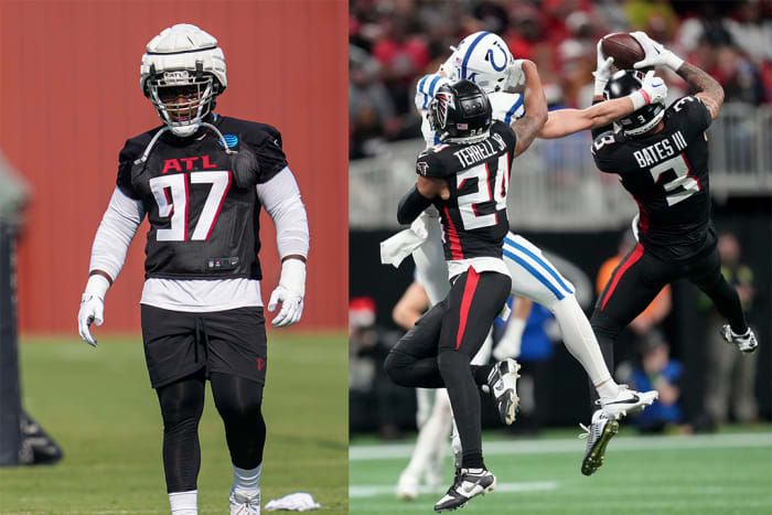 Atlanta Falcons defensive tackle Grady Jarrett (97) and safety Jessie Bates (3).